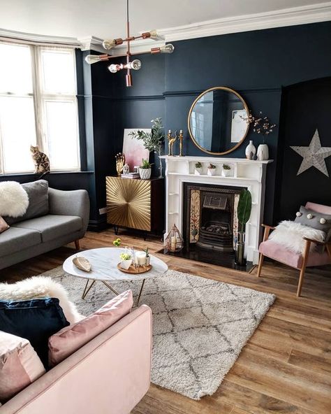 How To Decorate A Grey and Blush Pink Living Room - Decoholic Navy Living Room Furniture, Grey And Pink Living Room, Pink Sofa Living Room, Blue And Pink Living Room, Navy Room, Blush Living Room, Blush Pink Living Room, Pink Living Room Decor, Navy Living Rooms