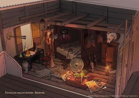 ArtStation - Dragon hunter's inn room, Joseph Chan Tadc Oc, Fantasy Inn, Fantasy Interior, Hunter House, Dragon Hunter, Feng Zhu, Hunter Room, Dragon Hunters, Fantasy Rooms