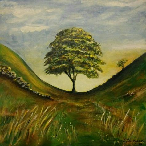 Sycamore Tree Art, Sycamore Gap Art, Paint Books, Lino Ideas, Sycamore Gap, Easy Landscape, Hadrian's Wall, Easy Landscape Paintings, Sycamore Tree