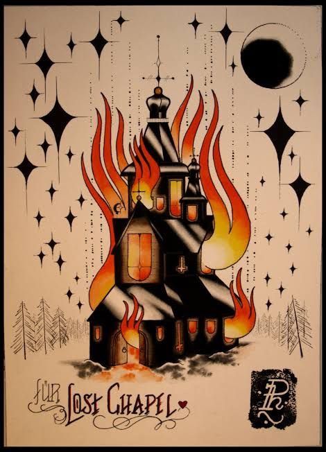 Burning Church Drawing, Burning House Tattoo, Burning Church Tattoo Design, Hereditary Tattoo, Church Tattoo, Burning Church, Castle Tattoo, Traditional Tattoo Inspiration, Metallic Tattoo Temporary