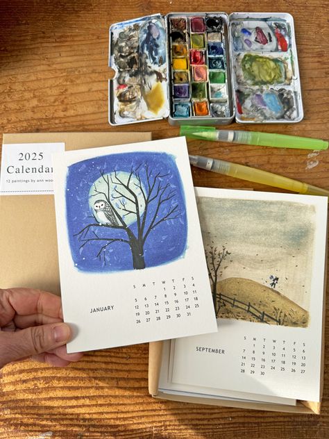 Diy Table Calendar, Watercolor Calendar Ideas, Homemade Calendar, Handmade Calendar, Owl Sewing Patterns, Calendar Illustration, Owl Sewing, Watercolor Calendar, Table Calendar