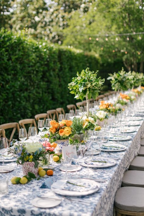 Al Fresco Wedding Decor, Italian Al Fresco Wedding, Wedding Pattern Tablecloths, Wedding Patterned Tablecloth, Green Pattern Tablecloth Wedding, Italian Inspired Table Setting, Floral Wedding Tablecloth, Patterned Linens Wedding, Blue Floral Tablecloth