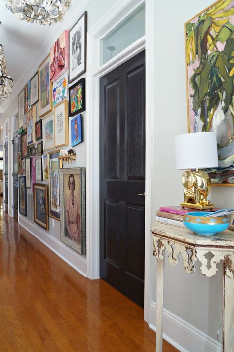 Gallery Hall Eclectic Hallway, Cold Air Return, Black Interior Door, Hallway Gallery Wall, Hallway Gallery, Hall House, Black Interior Doors, Perfect Gallery Wall, Gallery Wall Inspiration