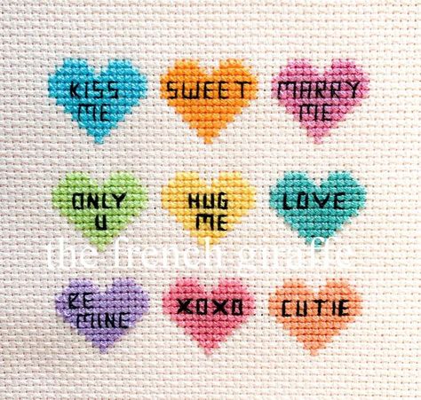 Conversation Heart Cross Stitch, Candy Heart Cross Stitch, Cross Stitch Valentine, Valentine Cross Stitch Patterns Free, Valentines Cross Stitch Patterns, Cross Stitch Heart Pattern, Tiny Cross Stitch Patterns Minis, Heart In Hand Cross Stitch, Small Cross Stitch Patterns Free