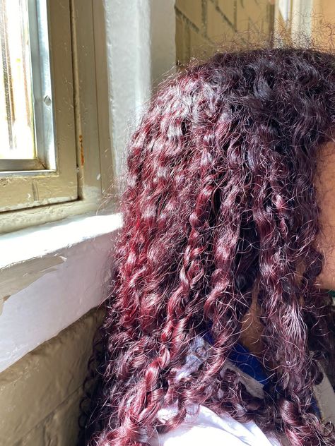 Red Violet Curly Hair, Deep Red Curly Hair, Cherry Red Hair Curly, Black Cherry Red Hair, Dark Red Curly Hair, Curly Hair Dye Ideas, Burgundy Curly Hair, Hair Peekaboo, Curly Purple Hair