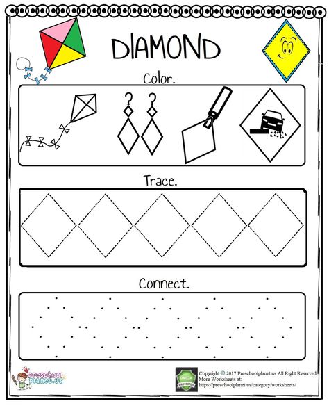 It is very easy to teach diamond shape to little ones with this diamond worksheet. This worksheet has three steps. First kids will color the shapes then trace at last connect the dots. They will easily recognize and practice diamond shape. You can freely print this diamond worksheet to your students or kids. Have fun! Diamond Tracing Worksheet, Diamond Shape Worksheets For Preschool, Kite Worksheets For Preschoolers, Shape Diamond Preschool, Diamond Shape Activity, Diamond Worksheet Preschool, Diamond Shape Activities For Preschool, Rhombus Worksheet Preschool, Draw A Diamond