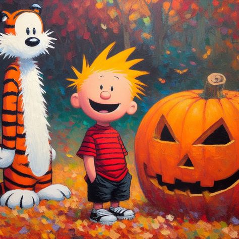 Laptop Wallpaper Fall, Painting Blending, Autumn Backdrop, Bill Watterson, Iconic Duo, The Genius, Calvin And Hobbes, Fall Wallpaper, Painted Pumpkins