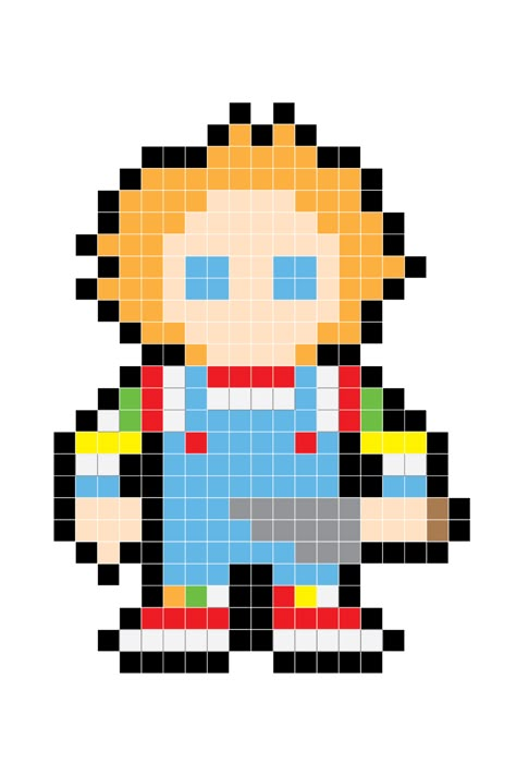 Perler Bead Templates Pixel Art, Chucky Pixel Art, Chucky Perler Beads, Hama Beads Halloween, Grid Art, Halloween Character, Melty Bead Patterns, Fuse Bead Patterns, Tiny Cross Stitch