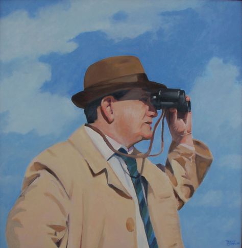 'Man with binoculars' Oil on board by Trent Chaplin Person Using Binoculars, Person Looking Through Binoculars, Binoculars Reference, Person With Binoculars, Binoculars Photography, Binoculars Drawing, Man With Binoculars, Looking Through Binoculars, Binoculars Vintage