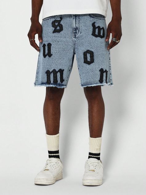 Denim Short With Applique Blue    Denim Letter Bermuda Non-Stretch  Men Clothing, size features are:Bust: ,Length: ,Sleeve Length: Custom Jorts Men, Fashion Shorts Men, Streetwear Fashion Shorts, Jorts Outfit, Streetwear Tshirt Design, Fits Streetwear, Mens Denim Shorts, Ripped Jeans Men, Custom Jeans