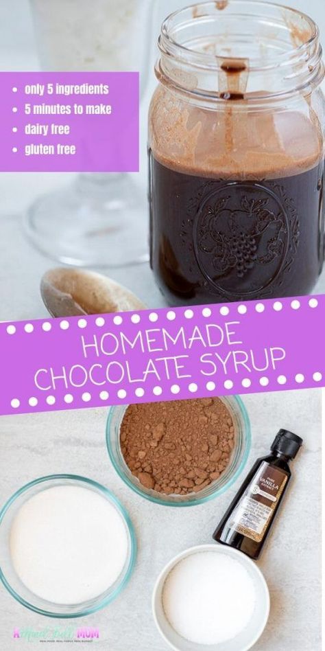 It is so incredibly easy to make homemade chocolate syrup! With only 5 ingredients and 5 minutes of work, you can have a delicious chocolaty syrup--minus the high fructose corn syrup and preservatives! Replace the famous brown bottle of chocolate syrup with this homemade version and use to top ice cream, yogurt, or fruit, or to make your own homemade chocolate milk. Because this recipe is dairy free and gluten free, everyone can enjoy this sweet homemade syrup. Chocolate Simple Syrup, Homemade Chocolate Milk, Chocolate Syrup Recipes, Homemade Chocolate Syrup, Simple Syrup Recipe, Ice Cream Yogurt, Chocolate Fudge Sauce, Chocolate Sundae, Simple Syrup Recipes