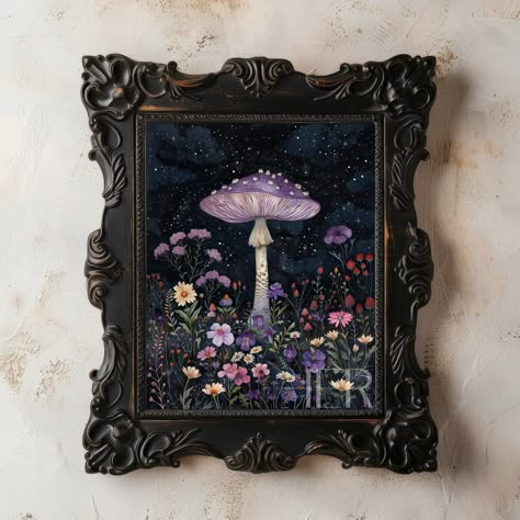 Purple Mushroom Night sky Meadow Printable Wall Art Decor will take you into a world of dark botanical nature and vintage aesthetic. Bring nature and a touch of whimsical florals to your home with the magic wall art of a violet mushroom surrounded by a moody meadow full of wildflowers put against starry sky. Inspired by vintage watercolor paintings and the atmosphere of cottagecore, this moody print combines antique aesthetics with a touch of witchy decor, creating a captivating piece that will Moody Botanical, Purple Mushroom, Art Academia, Gothic Floral, Floral Aesthetic, Dark Cottagecore, Botanical Decor, Witchy Decor, Animal Painting