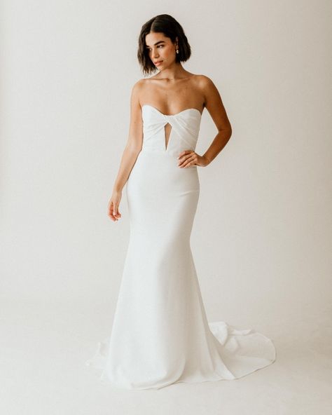 Crepe fit and flare wedding dress with twisted detail #gildedbridal #getgilded #lifeisbettergilded Anais Anette Bridal, A And Be Bridal Shop, Anais Anette, Classic Prom Dress, Simple Prom Dress Long, Illusion Wedding Dress, Mermaid Style Dress, Off Shoulder Wedding Dress, Satin Homecoming Dress