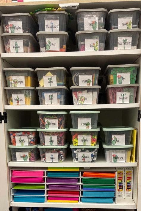 Every year it is a battle to keep my storage closet nice and neat for myself and students to use. I love having classroom supplies for all students so everyone has the same opportunities to create something amazing. This is when I created my system with the bins and organizers for students and myself. #teacherstorage #teacherorganization #classroomsupplies #teaching #teacherhack #teacherstoragehack #organizedteacher Teacher Storage Organization, Art Supply Closet, Teacher Supplies Organization, Pilot Office, Student Desk Organization, Classroom Art Supplies, Classroom Supplies Organization, School Organization Ideas, Tk Classroom