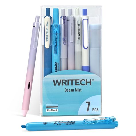 WRITECH Gel Pens Journaling Highlighters: Journal Set Aesthetic Assorted Pastel Color Ink 0.5mm Fine Point Retractable 0.7mm Black Pen Smooth Writing Drawing No Bleed 7ct (Blue) Journaling Set, Set Aesthetic, Journaling Kit, Writing Games, Student Teacher Gifts, Paint Marker Pen, Cozy Den, Journal Set, Gel Pens Set