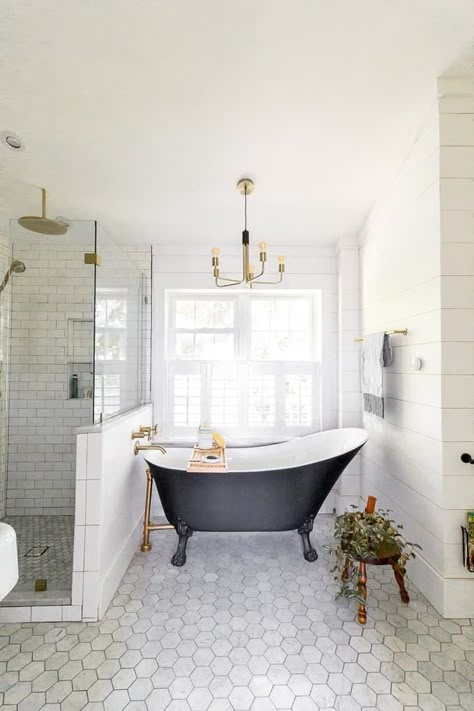 Modern Black and White Bathroom with Brass Accents. Kohler Brass Bathroom. Bathroom with Barn Door. Farmhouse Sink in Bathroom, Shiplap Bathroom Farmhouse Sink In Bathroom, Bathroom With Brass Accents, Modern Black And White Bathroom, Sink In Bathroom, Farmhouse Bathroom Sink, Black And White Bathroom, Shiplap Bathroom, Door Farmhouse, Brass Bathroom