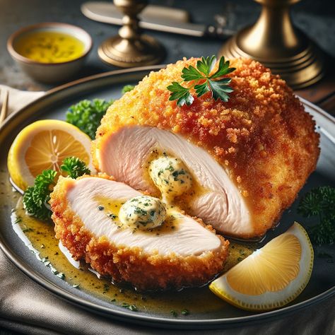 Cooking up Joy - Made with love: Chicken Kiev: A Classic European Delight Chicken Ala Kiev, Baked Chicken Kiev, Dinner For Guests, Cheesey Chicken, Chicken Kiev Recipe, Pub Grub, Chicken Kiev, Food Tech, Food Artwork