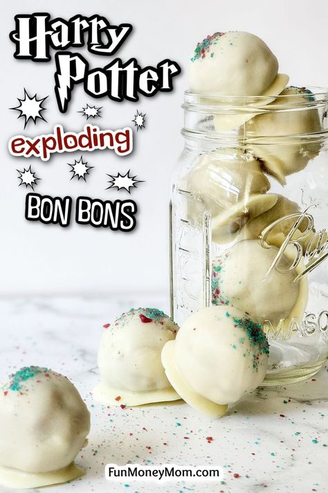 These Harry Potter Exploding Bon Bons are sweet chocolate-covered, orange-infused cake balls with a bit of fizzy magical mischief in the center. They’re a delicious Harry Potter recipe that brings the wizarding world right to your kitchen. Golden Snitch Snack, Harry Potter Candy Recipes, Exploding Bon Bons Harry Potter, Harry Potter Birthday Desserts, Harry Potter Cakes Easy, Harry Potter Prizes, Hogwarts Food Recipes, Prisoner Of Azkaban Themed Food, Harry Potter Baking Recipes