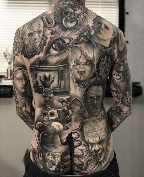 Skull Themed Tattoo Sleeve, Cool Scary Tattoos, Movie Character Tattoos, Coverup Ideas, Horror Tattoos, Backpiece Tattoo, Horror Movie Tattoos, Tattoo 2024, Catrina Tattoo