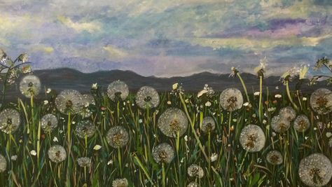 Dandelion Field Painting, Field Of Dandelions Painting, Field Of Dandelions, Dandelion Drawing, Blowing Dandelion, Sketch Board, Dandelion Painting, Dandelion Art, Flower Painting Canvas