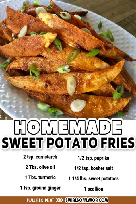 Homemade Sweet Potato Fries With Turmeric is a side dish recipe that combine two super foods, turmeric and sweet potato. Sweet Potato Fries are tossed with ginger, turmeric and paprika and oven roasted to perfection for a delicious flavor combination! Easy homemade french fry recipe! Homemade Wedges, French Fry Recipe, Sweet Potatoes Fries, Weeknight Dinner Easy, Potato Oven, Homemade Sweet Potato Fries, Making Sweet Potato Fries, Sweet Potato Oven, Potatoes Fries