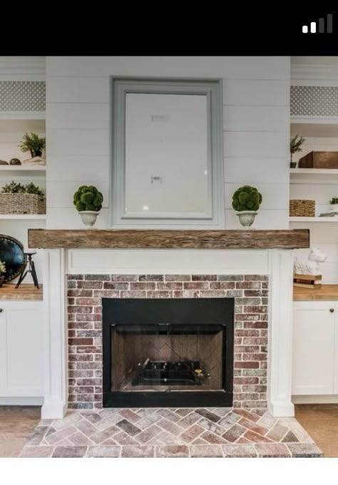 Stone Fireplace White Mantle, Gas Fireplace Brick Surround, Mantel Makeover Diy, Brick Fireplace White Mantle, Farmhouse Gas Fireplace, Brick Fireplace With White Mantle, Farmhouse Brick Fireplace, Brick Fireplace Mantles, Fireplaces Makeover