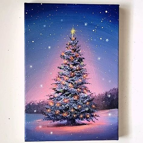 Acrylic Painting Christmas Tree, Christmas Drawing On Canvas, Holiday Acrylic Painting Ideas, Christmas Paint Ideas, Christmas Tree Painting Ideas, Christmas Acrylic Painting Easy, Winter Painting Acrylic, Christmas Oil Paintings, Christmas Paintings On Canvas Acrylics