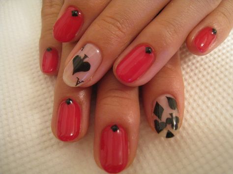 Playing Card Inspired Nails, Card Suit Nails, Ace Of Spades Nails, Vegas Nail Ideas, Deck Of Cards Nails, Nail Ideas Sparkle, Casino Nails Designs, Ace Nails, Vegas Nails Ideas