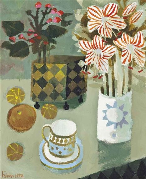 Artwork by Mary Fedden, Striped Lilies, Made of oil on canvas Mary Fedden, Rebecca Green, Green Illustration, Still Life Artists, Green Grapes, Painting Videos, Flower Illustration, Still Life Painting, Abstract Artists