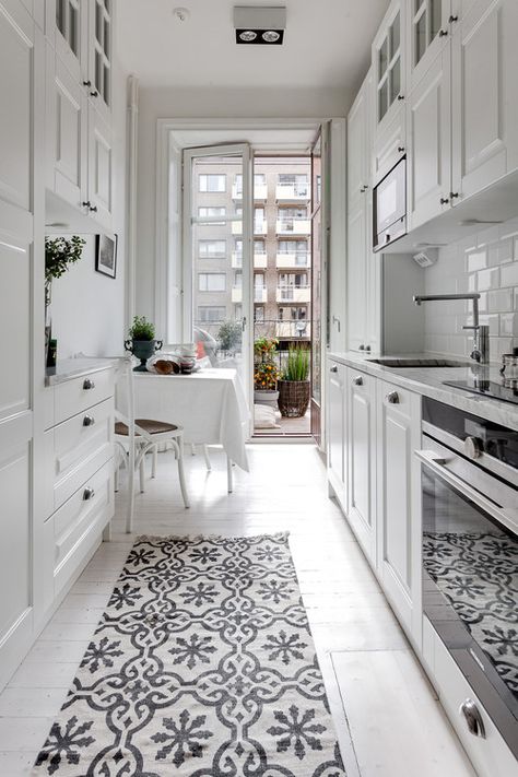 All White City Apartment Galley Kitchen Apartment Galley Kitchen, White Galley Kitchens, Galley Kitchen Remodel Ideas, Galley Kitchen Layout, Small Galley Kitchen, Galley Kitchen Design, Kitchen Design Styles, Galley Kitchen Remodel, Galley Kitchens