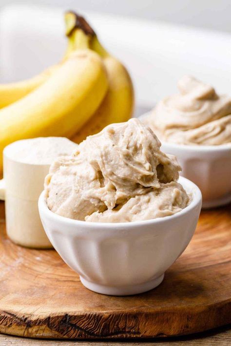 High Protein 3-Ingredient Banana Ice Cream (Easy to Make and Healthy) - Healthy Substitute Nice Cream With Protein Powder, Ice Cream Made From Bananas, Keto Banana Ice Cream, Blender Ice Cream Recipes 3 Ingredients, Nice Cream High Protein, Nice Cream Protein Powder, Healthy Protein Ice Cream Recipes, Low Cal Ice Cream Recipe, Banana Cottage Cheese Ice Cream