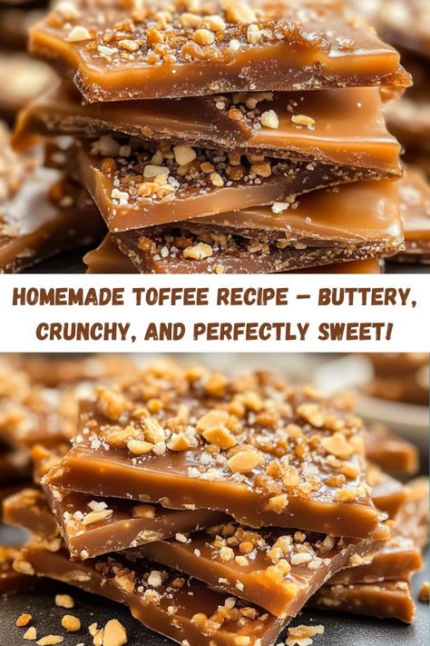 This Homemade Toffee is a classic treat featuring buttery caramelized sugar topped with chocolate and nuts. Perfect for holiday gifting, parties, or satisfying your sweet tooth, this toffee recipe is easy to make and irresistibly delicious! Treacle Toffee Recipe, Light Karo Syrup Recipes, Cinder Toffee Recipe Uk, Best Toffee Recipe Ever, Diy Toffee, Easy Toffee Recipe, Home Made Toffee, Homemade Toffee Candy, Hazelnut Toffee