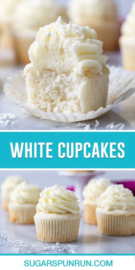 My white cupcake recipe makes beautiful, snow white cupcakes with a fluffy and tender texture. Top them with my whipped vanilla buttercream, or use your favorite frosting! Moist White Cupcake Recipe, White Vanilla Cupcakes, Small Batch White Cupcakes, White Cake Cupcake Recipe, White Cupcakes From Scratch, White Frosting Cupcakes, Moist White Cupcakes, White Cupcake Recipe, Vanilla Cupcakes From Scratch