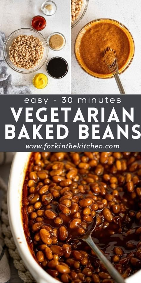 These quick and easy Vegetarian Baked Beans are sweet, tangy, stick-to-your-ribs baked beans made with simple ingredients in just 30 minutes. This recipe uses canned beans so there's no soaking required. Vegetarian Baked Beans Recipe Easy, Veggie Baked Beans, Healthier Baked Beans, Baked Bean Recipes Easy, Vegan Baked Beans Recipe, Baked Beans No Meat, Baked Bean Meal Ideas, How To Make Baked Beans, Easy Baked Beans From Canned Beans