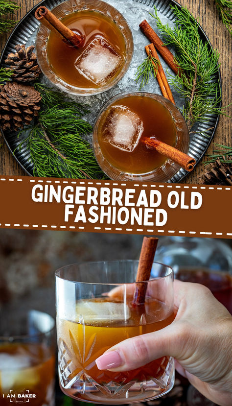 This Gingerbread Old Fashioned is a festive twist on the classic cocktail, made with a blend of bourbon, ginger, cinnamon, molasses, and simple syrup. I like to pour it over a large ice cube and garnish it with a cinnamon stick for the perfect finish! It is not just for holiday gatherings, but for any time you crave a flavorful, spiced drink that will bring you warmth and cheer😀. Gingerbread Old Fashioned, Cider Martini, Easy Impressive Dessert, Spiked Apple Cider, Old Fashioned Drink, Inside Cake, Martinis Drinks, Spiced Drinks, Apple Martini