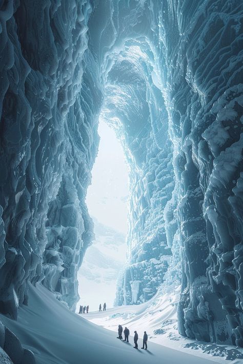 people are standing by the portal leading to an underground cave, in the style of futuristic visions ,snow scenes, realistic and hyper-detailed renderings, organic architecture, whistlerian, frozen movement, futuristic spacescapes Ice Caves Aesthetic, Fantasy Snow Landscape, Vikings Aesthetic, Frozen Wasteland, Snow Cave, Viking Aesthetic, Icewind Dale, Ice Castle, Underground Caves