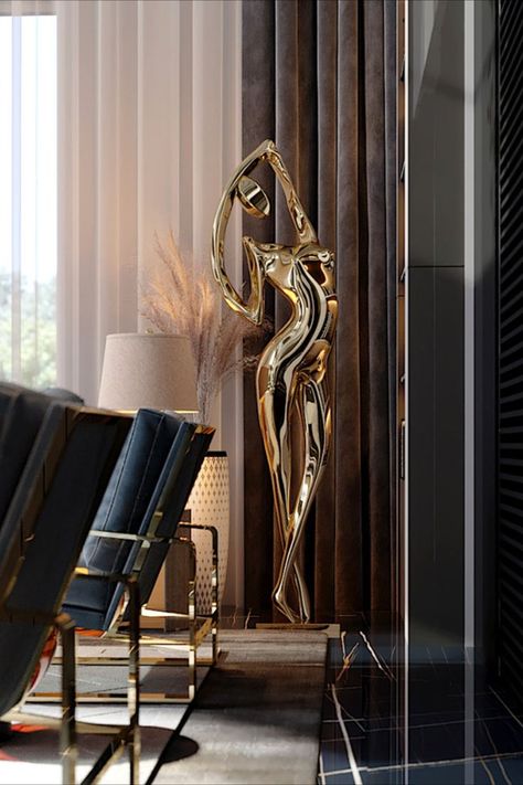 modern neutral living room by Yasmeen Wassim Luxury Sculpture, Large Sculpture Indoor, Home Sculpture, Gold Sculpture, Golden Living Room, Dreamy Living Room, Gold Statue, Rabbit Sculpture, Concrete Sculpture