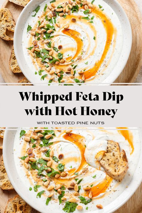 Whipped Feta And Honey Dip, Dip For Appetizers, Feta And Cream Cheese Dip, Whipped Feta Hot Honey Crostini, Whipped Feta Hot Honey, Whipped Pumpkin Feta Dip, Whipped Feta With Hot Honey, Bougie Snacks, Dip Party Ideas