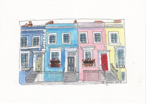 A whimsical original watercolor painting titled "Portobello Road, Notting Hill" Notting Hill Drawing, Notting Hill Illustration, London Doors, Artsy Journal, Dog Caricature, Hello London, London Drawing, London Illustration, London Painting