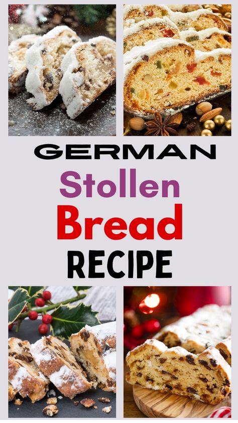 Collage of German stollen bread with powdered sugar, dried fruits, and nuts. Julekage Bread Norwegian Christmas, German Christmas Bread Stollen, Bread Machine Stollen Recipe, Christmas Stollen Bread, German Stollen Recipe Christmas, Stolen Bread Christmas, Christmas Stolen Recipes, German Sweet Bread, Stollen Bread Recipe