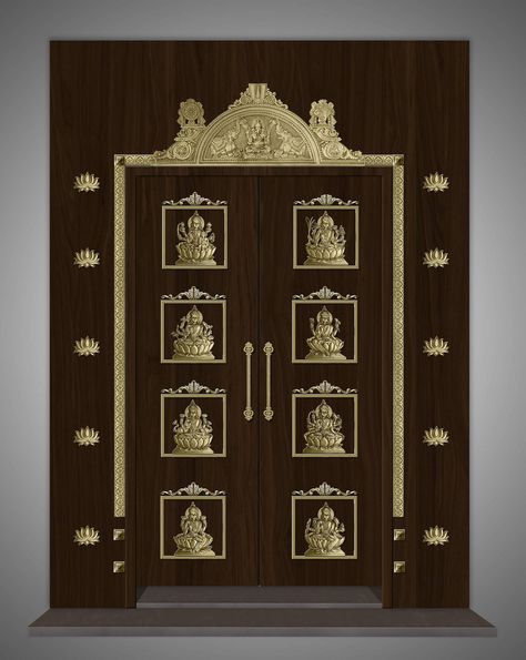 Pooja Doors – Laiton Crafts Ashtalakshmi Pooja Door Design, God Room Door Designs Hindu, Astalakshmi Pooja Door, Ashta Lakshmi Pooja Room Door, Pooja Room Doors, Puja Door, Indian Main Door Designs, Mandir Door, Farmhouse Dining Room Set