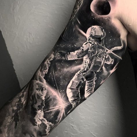 Realistic Astronaut Tattoo, Space Sleeve Tattoos For Guys, Space Tattoo Sleeve Men, Space Leg Sleeve Tattoo, Space Themed Sleeve Tattoo, Astronaut Sleeve Tattoo, Space Sleeve Tattoo Women, Astronaut Space Tattoo, Astronaut Tattoo Design