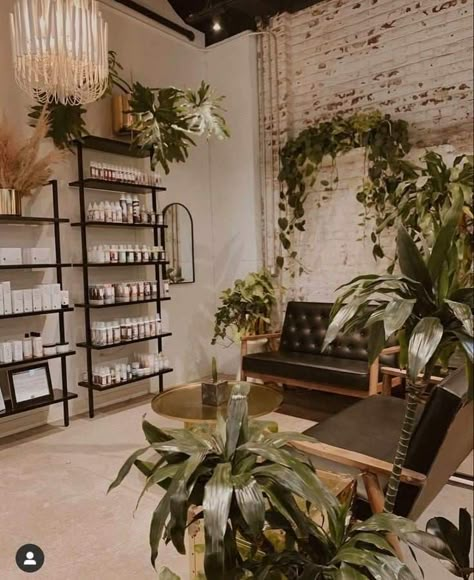 Salon, Salon Decor, Sofa, Waiting Area, Black Leather Couch, Wood, Hair Salon Simple Modern Salon Design, Esthetician Room Decor Green, Greenery Spa Room, Salon Plants Decor, Nature Salon Design, Natural Salon Decor Interior Design, Boho Chic Spa Decor, Holistic Salon Ideas, Salon Wood Wall