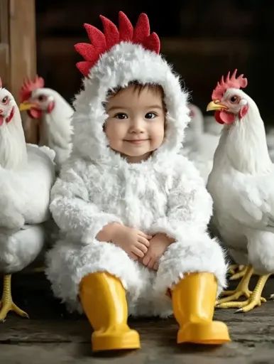 ↑↑↑ Larger size on website 🔸 A baby is dressed in a fluffy white chicken costume, with yellow rain boots on their feet. They are Costume Photoshoot, Chicken Costume, Yellow Rain Boots, Sweet Expression, Chicken Costumes, Humans And Animals, Baby Chick, White Chicken, Baby Chicks