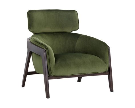 A masculine lounge chair that combines modern design elements with contemporary finishes. Stocked in moss green and metropolis blue fabric or with contrasting polo club stone fabric and overcast grey faux leather. A sculpted exposed brown wood frame completes the look. Fabric Lounge Chair, Green Lounge, Green Armchair, Green Chair, Polo Club, Chaise Lounge Chair, Stylish Furniture, Chairs For Sale, Moss Green