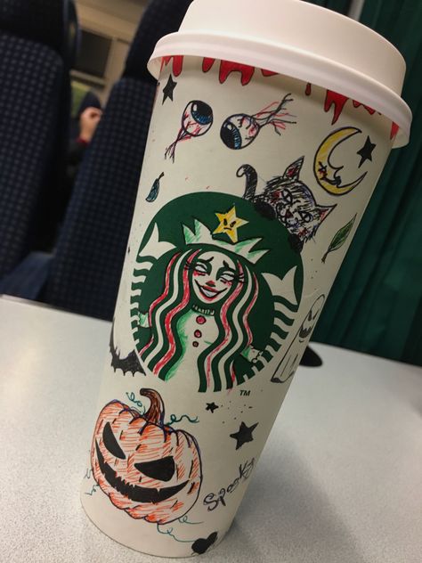 Starbucks Cup Drawing, Halloween Cup Ideas, Starbucks Cup Halloween, Pumpkin Clown, Starbucks Drawing, Halloween Starbucks Cup, Drawing Cup, Halloween Starbucks, Clown Drawing