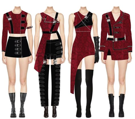 Red And Black Kpop Outfit, Kpop Dance Outfits, Movie Fashion Outfits, Blackpink Outfit, Group Outfits, Movie Inspired Outfits, Preformance Outfits, Clueless Outfits, Women Dresses Classy