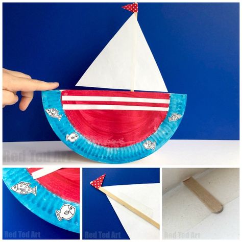 Boat Template, Paper Plate Boat Craft, Making Boats Preschool, Rocking Boat Craft, Boat Activities For Preschool, Paper Boat Craft Preschool, Yacht Craft Preschool, Sail Boat Art Preschool, Boat Craft Kindergarten