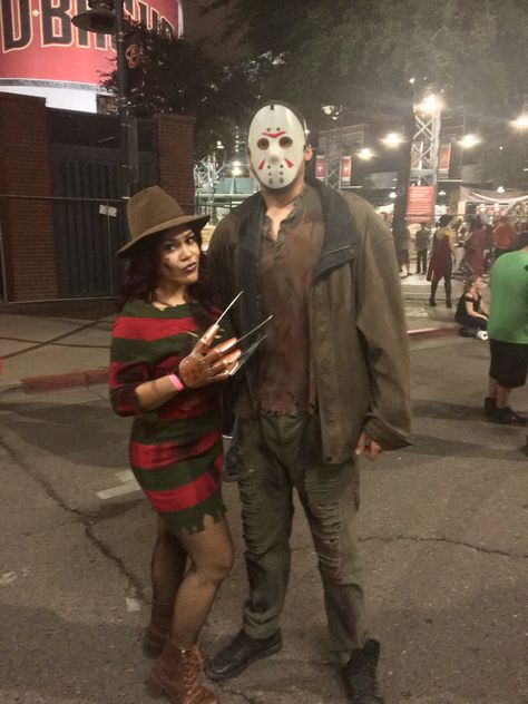 Couple costume idea Freddy vs Jason Freddy Jason Couple Costume, Freddy Kruger And Jason Couple Costume, Jason Costume Couple, Freddy Couple Costume, Couple Halloween Costumes 2022 Scary, Jason Outfit Halloween, Hot Freddy Krueger Halloween Costume, Freddie And Jason Couple Costume, Jason Costume Men