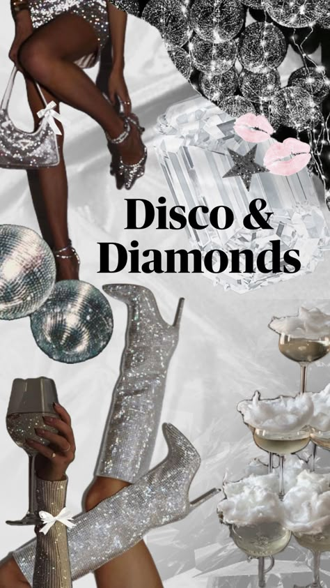 #nyeinspo #nye #silver #silveraesthetic #champagne #bacheloretteinspo #bachelorettetheme #partytheme #disco #diamonds #glam #glitter #sparkle Pink Teen Party, Glitz And Glam Bach, Glam Theme Party, 21st Bday Themes, Glam Disco Party, Glitz And Glam Bachelorette, Glitz And Glamour Party, Sparkle Bachelorette Party, Disco Glam Party